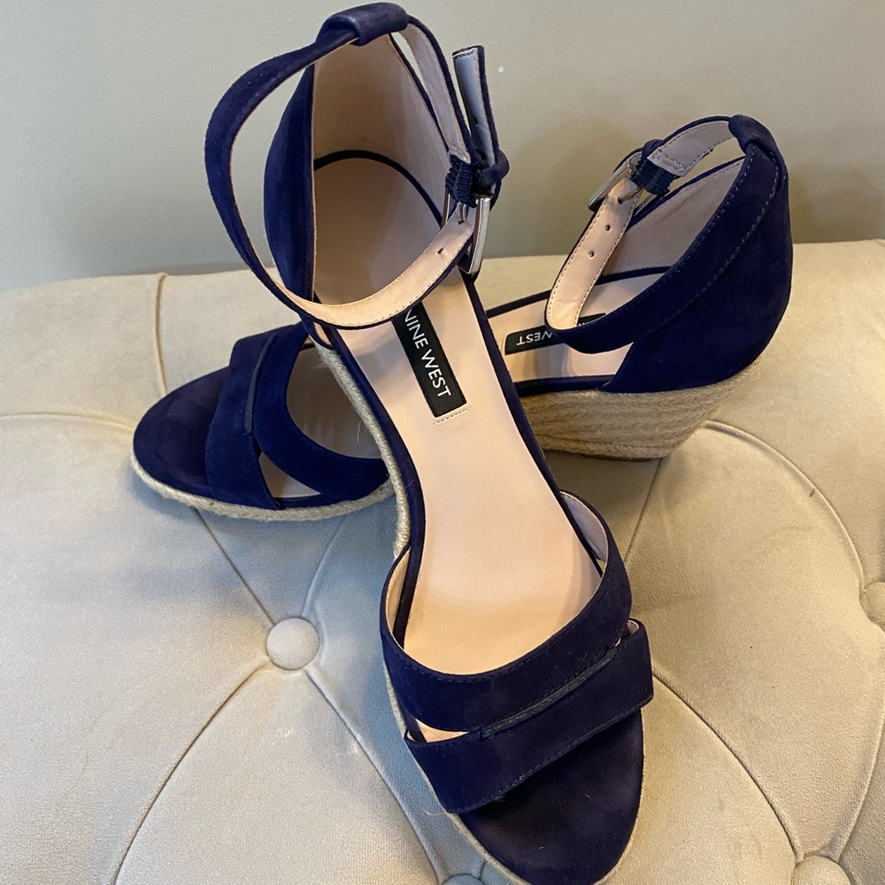 NINE WEST Brina Espadrille Navy Suede wedge heeled sandals Sz 8.5M